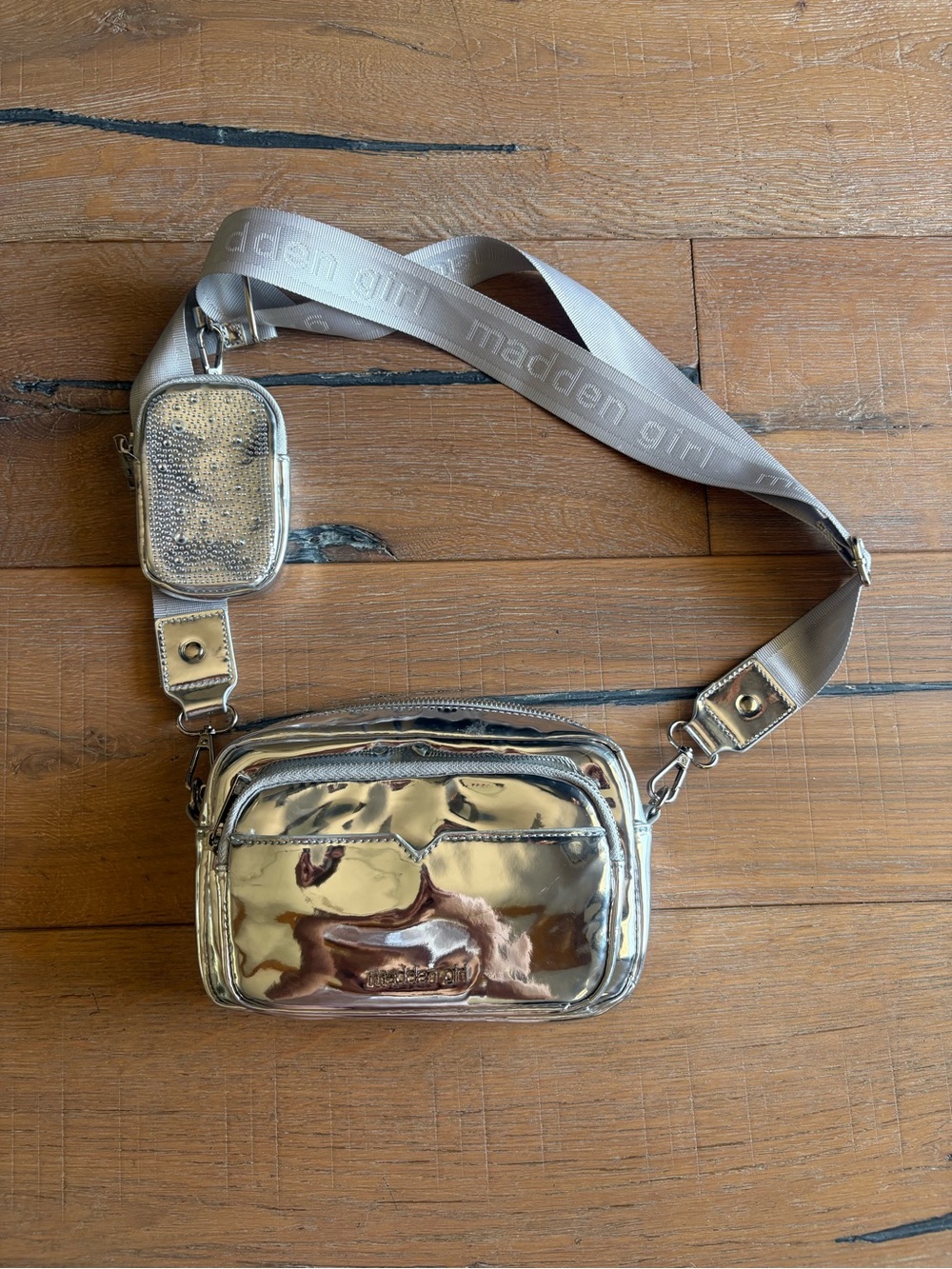 Madden Girl Shiny Silver Metallic Crossbody Belt Bag